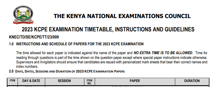 KCPE Examination Timetable 2023 