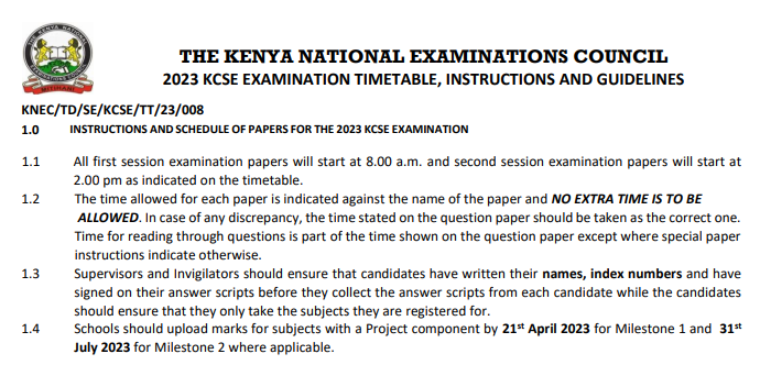 2023 KCSE Examination Timetable 